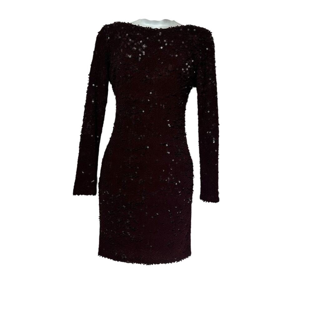 Dress The Population Lola Burgundy Sequin Long Sleeve Open Back Mini Dress S
